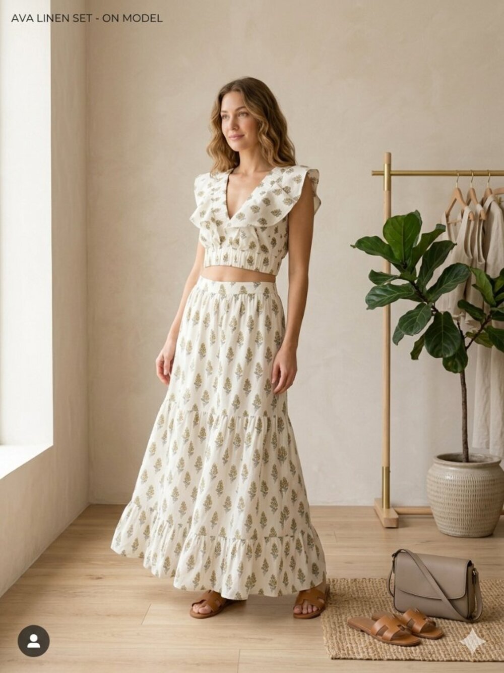 Japna Floral Ruffle Crop Top and Matching Tiered Maxi Skirt Set, S
